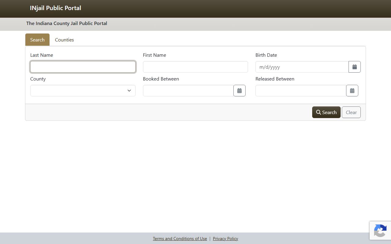 Indiana County Jail Public Portal search fields for Lawrence County inmate population context